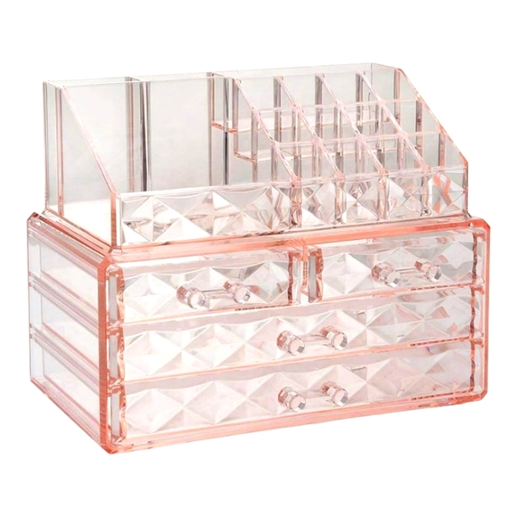 Diamond Pattern Pink Cosmetic Jewelry Storage 4 Drawer 2pc Display Box Set - Picture 1 of 6